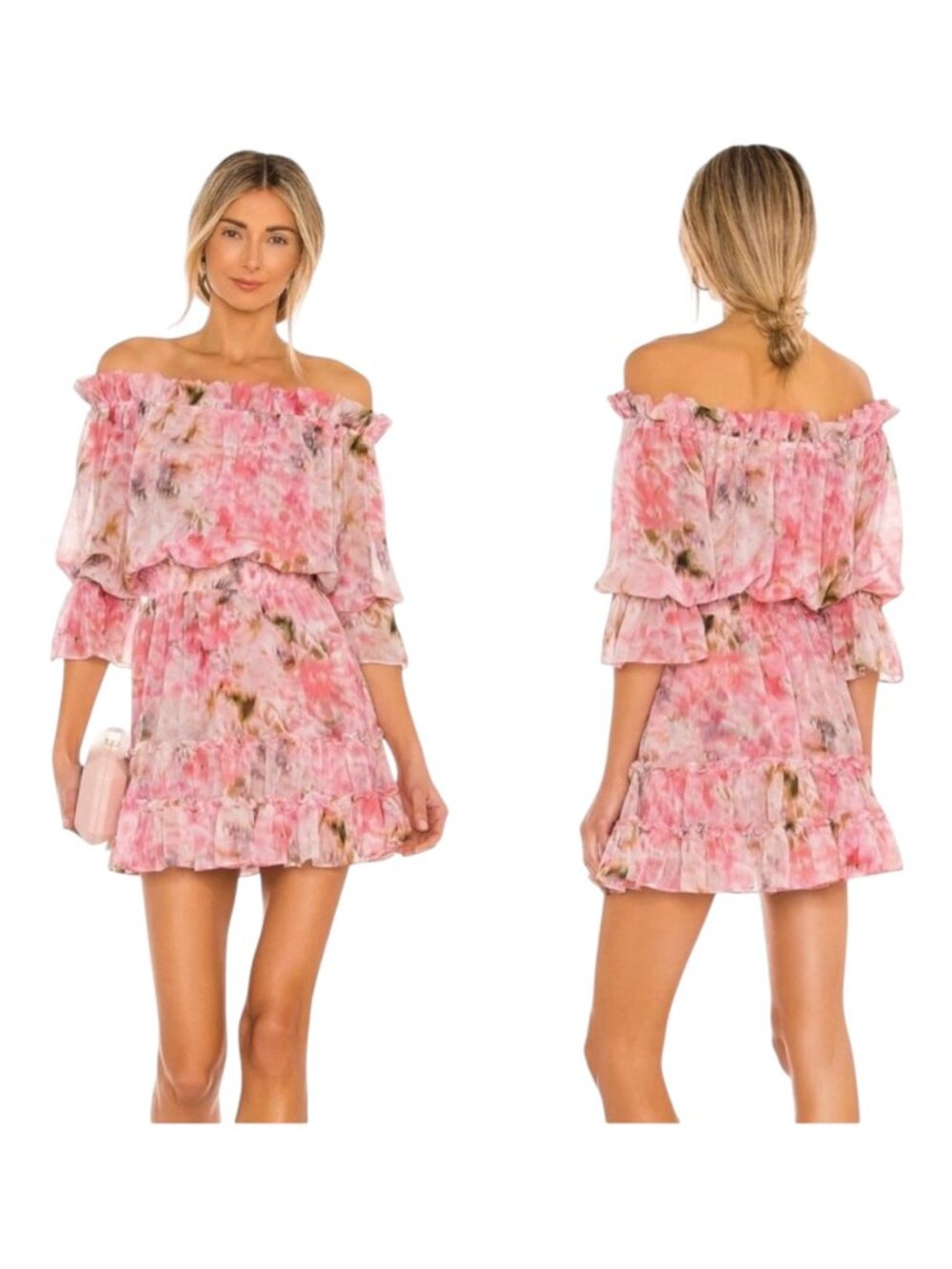 MISA Los Angeles Dress Women XS Pink Taza Floral Danae Mini Off Shoulder Boho